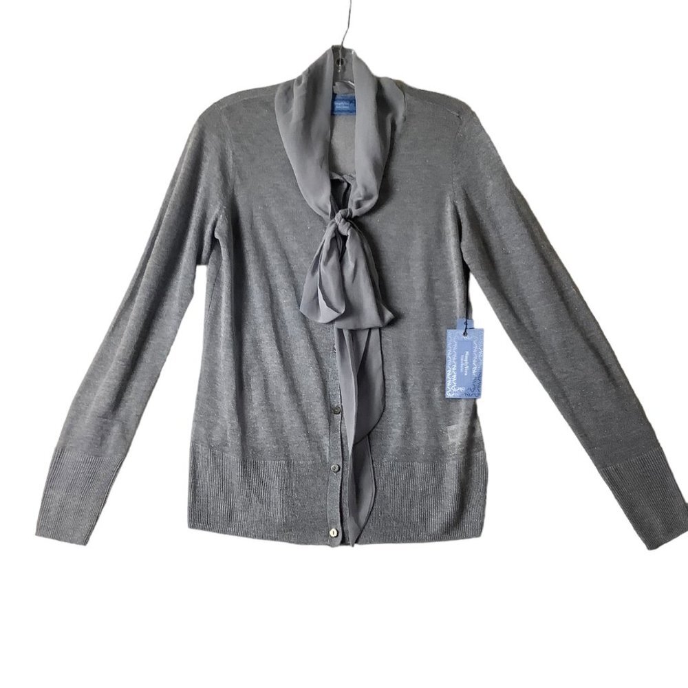 Vera Wang Simply Vera Blouse Women Large Button Front Woven Sheer Pussycat Bow‎
